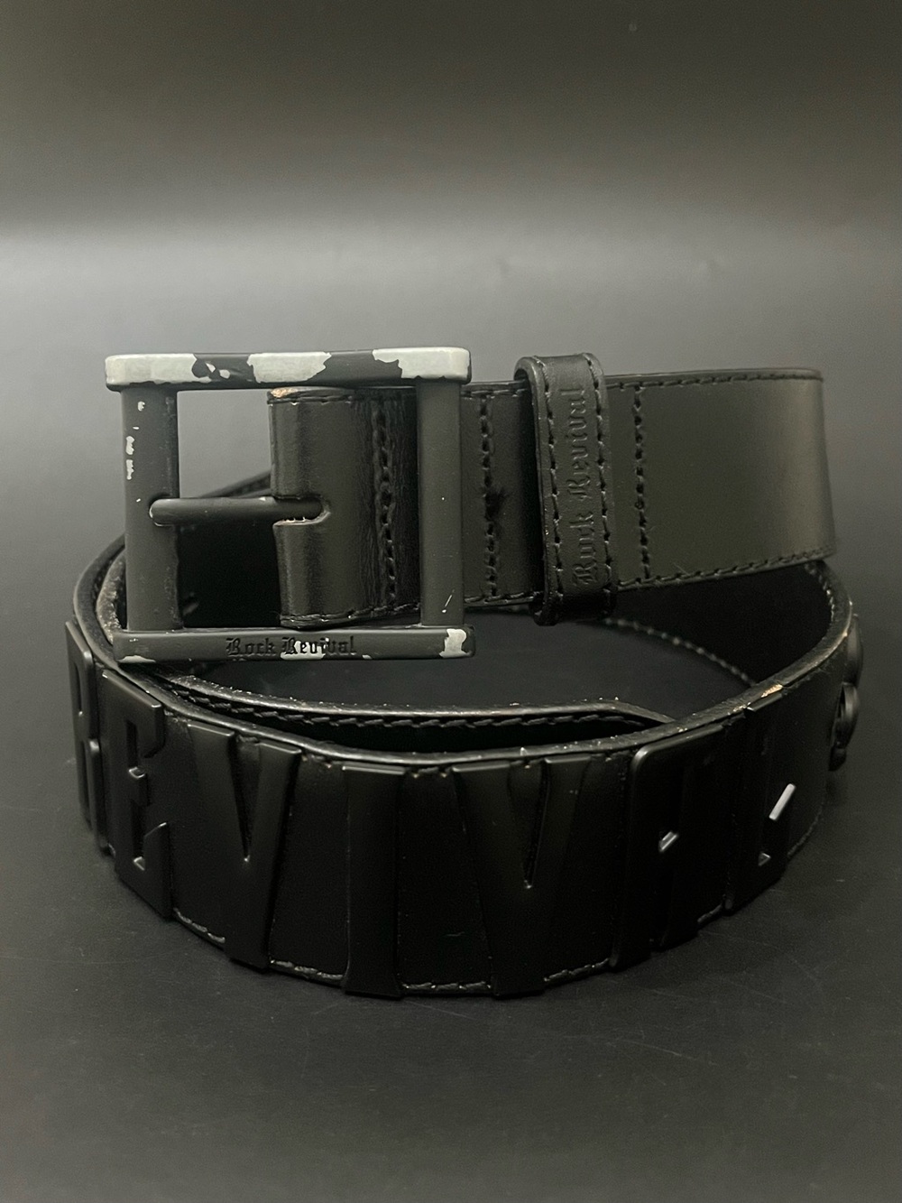 Rock Revival Mens Black Full Grain Leather Belt Distressed Metal Sz 38